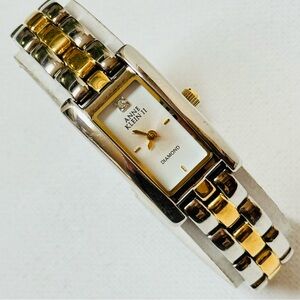Vintage Anne Klein Diamond Women's Tank Watch Silver Gold 6.25" Bracelet 10/4865